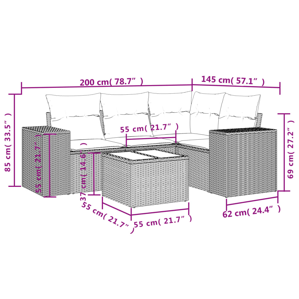 vidaXL Set comedor de jardín 5 piezas y cojines ratán sintético marrón