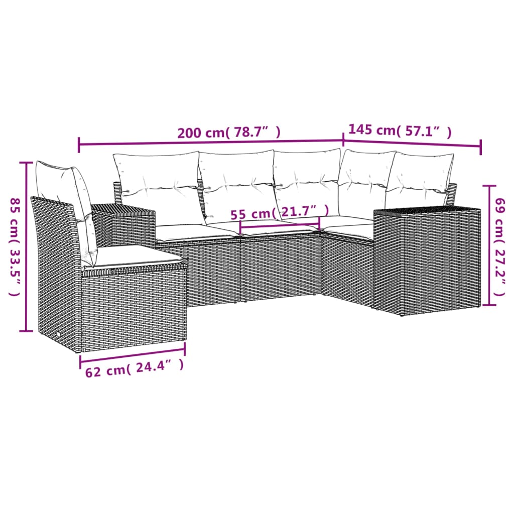 vidaXL Set comedor de jardín 5 piezas y cojines ratán sintético marrón