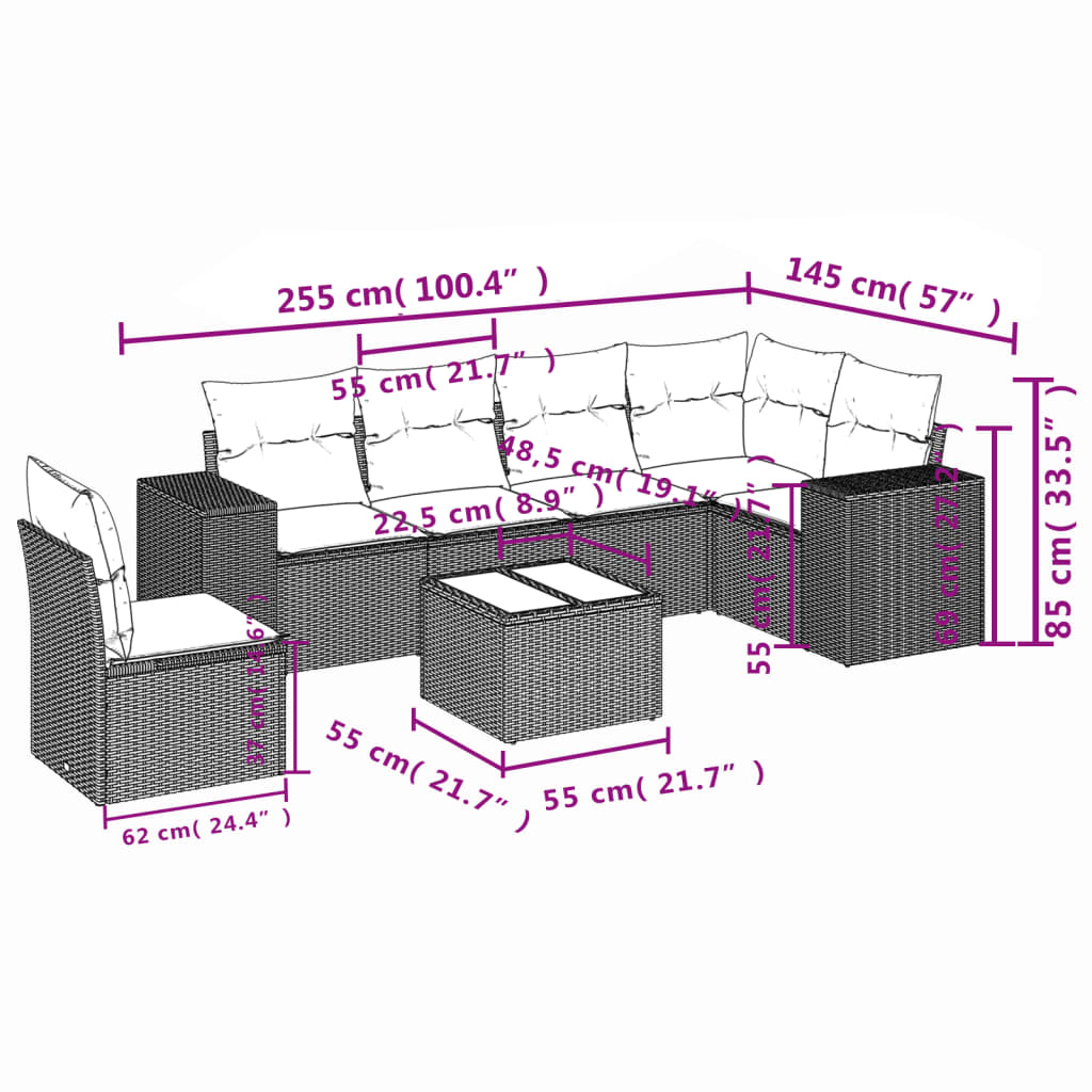 vidaXL Set de sofás de jardín 7 piezas con cojines ratán PE gris