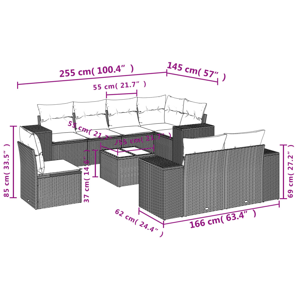 vidaXL Set muebles jardín 9 pzas y cojines ratán sintético gris claro