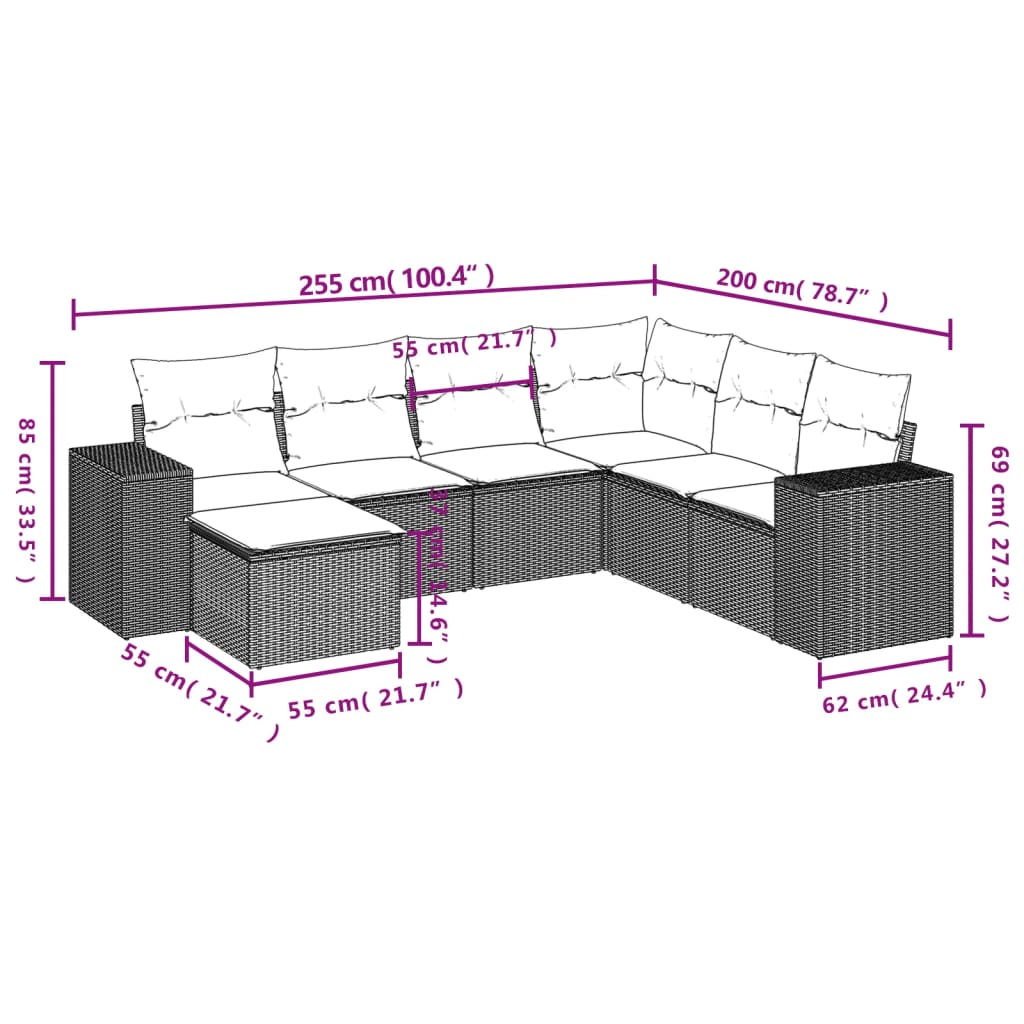 vidaXL Set de sofás de jardín 7 pzas con cojines ratán PE gris claro