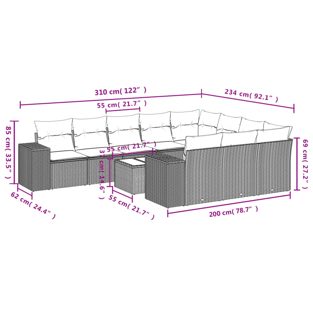 vidaXL Set de sofás de jardín 11 pzas cojines ratán sintético marrón