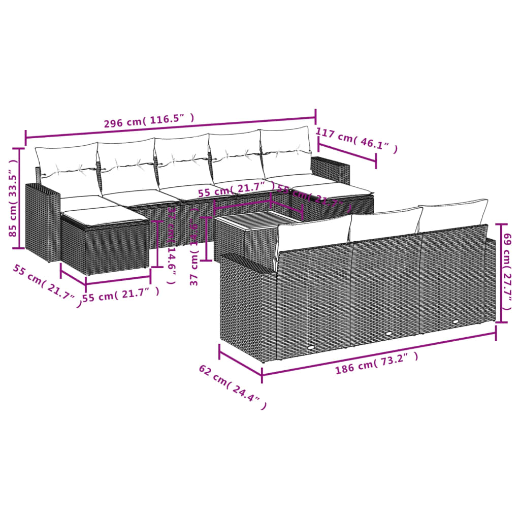 vidaXL Set de sofás de jardín 11pzas con cojines ratán sintético beige