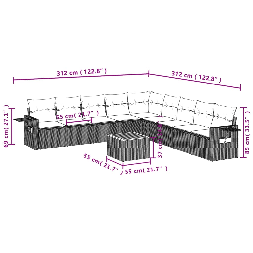 vidaXL Set de sofás de jardín 10 pzas cojines ratán sintético negro