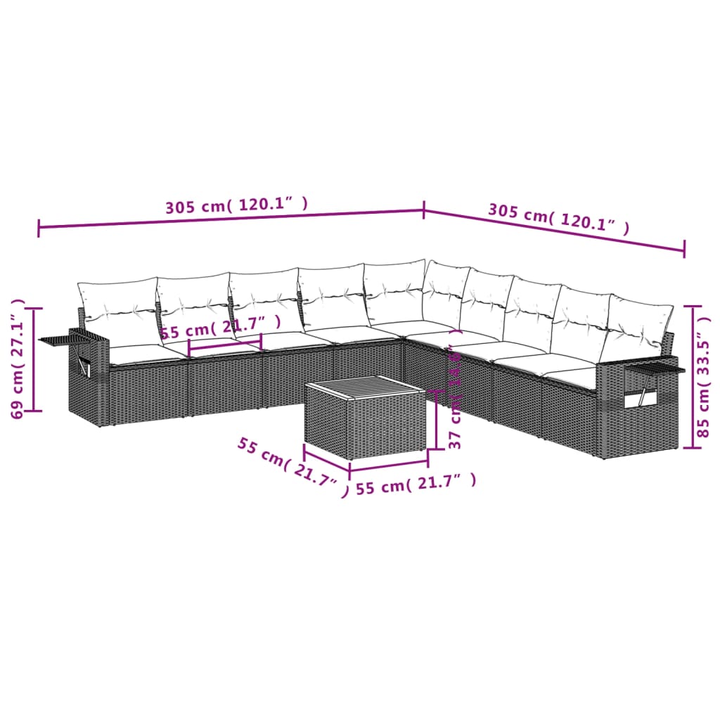 vidaXL Set de sofás de jardín 10 pzas cojines ratán sintético negro