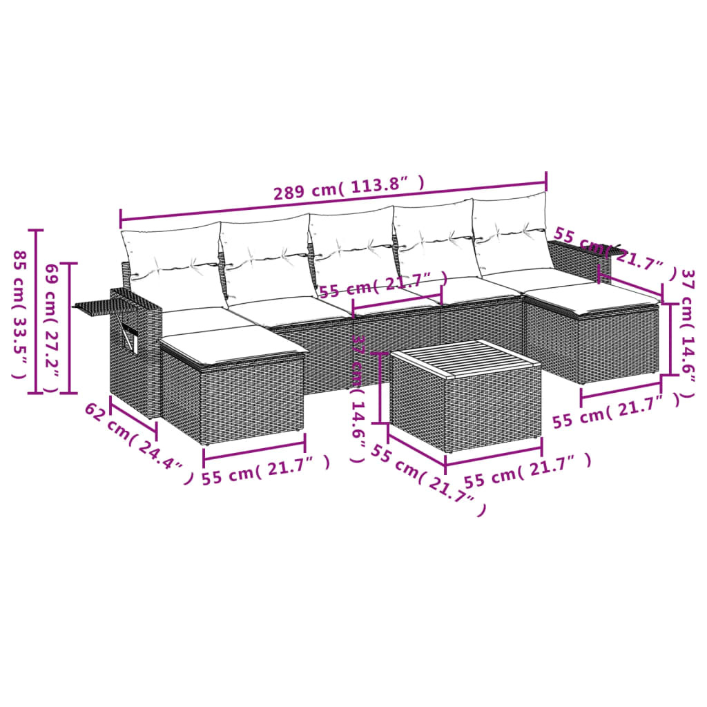 vidaXL Set de sofás de jardín 8 pzas y cojines ratán sintético gris