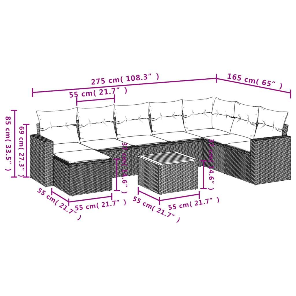 vidaXL Set de sofás de jardín 9 pzas con cojines ratán sintético beige