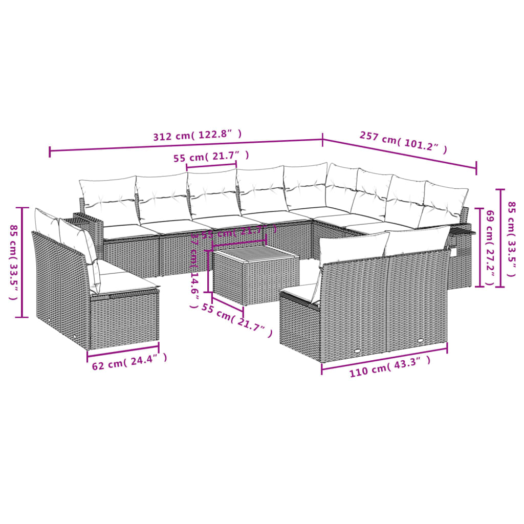 vidaXL Set sofás de jardín con cojines 13 pzas ratán sintético beige