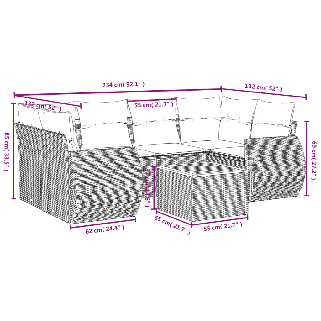 vidaXL Set de sofás de jardín 7 piezas con cojines ratán PE gris