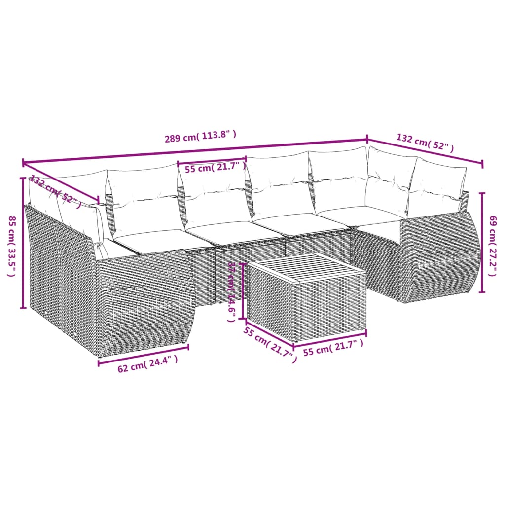 vidaXL Set de sofás de jardín 8 pzas y cojines ratán sintético gris