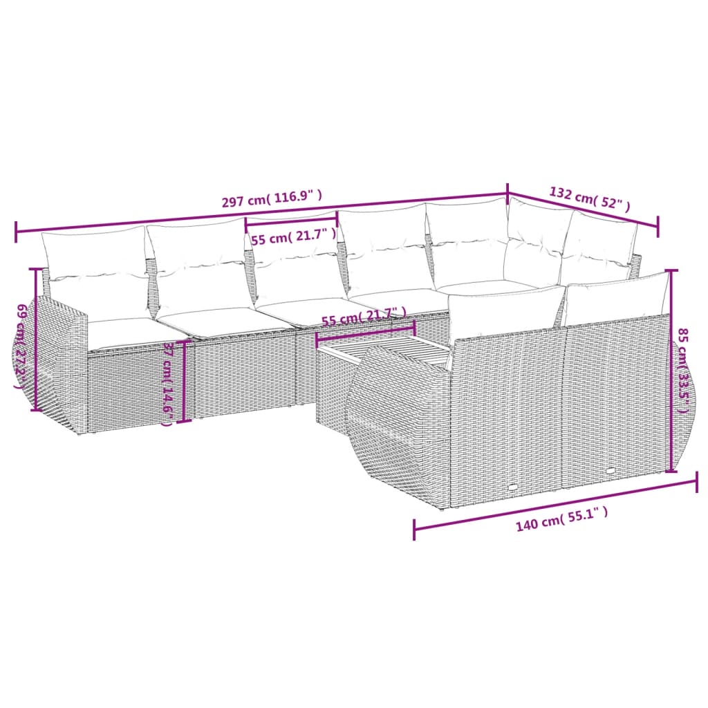 vidaXL Set de sofás de jardín 9 pzas con cojines ratán sintético beige