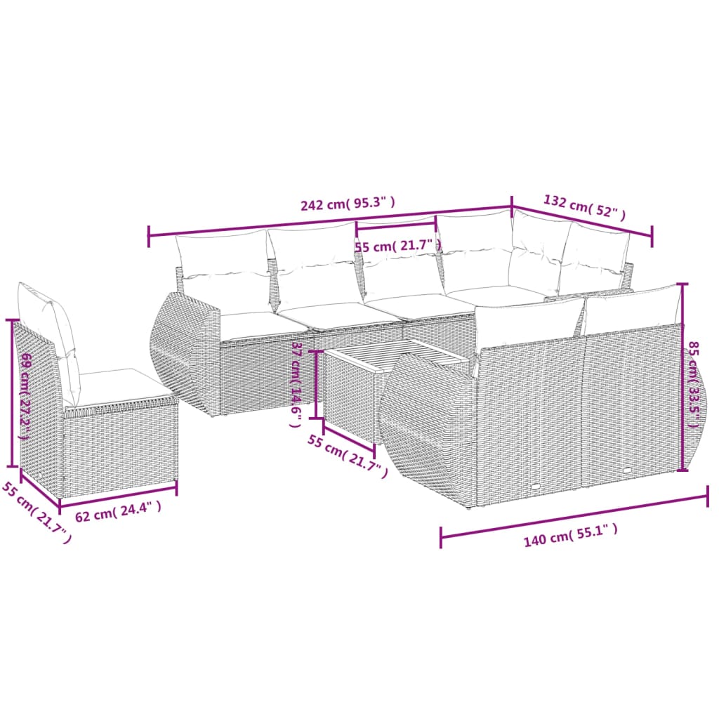 vidaXL Set de sofás de jardín 9 pzas con cojines ratán sintético beige