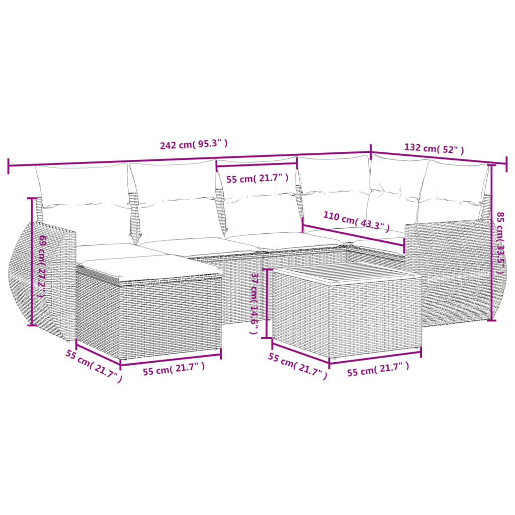 vidaXL Set de comedor de jardín 7 pzas y cojines ratán sintético negro