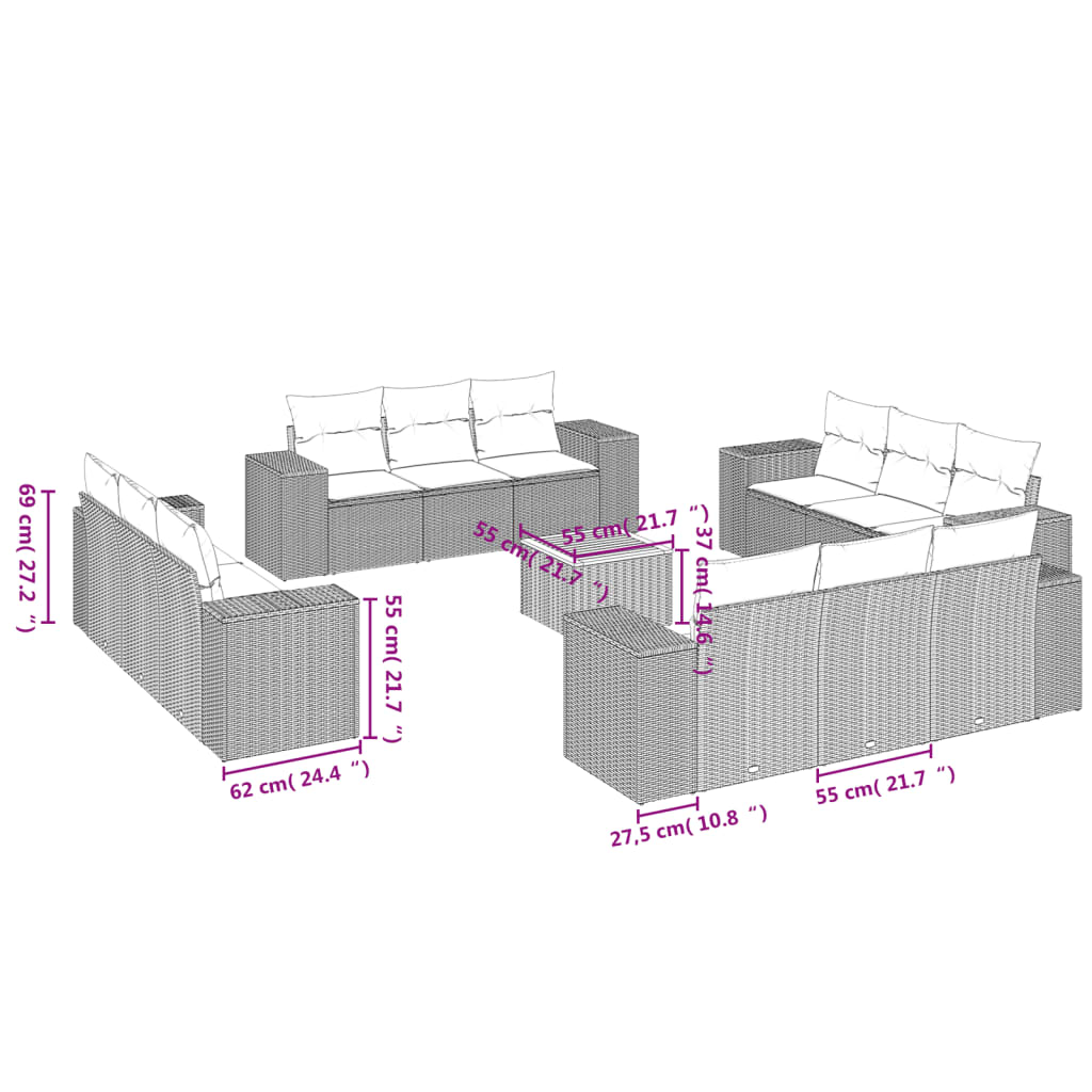 vidaXL Set sofás de jardín con cojines 13 pzas ratán sintético beige