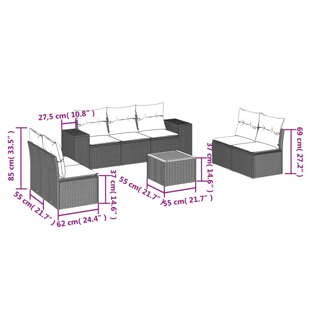 vidaXL Set de sofás de jardín 8 pzas y cojines ratán sintético gris