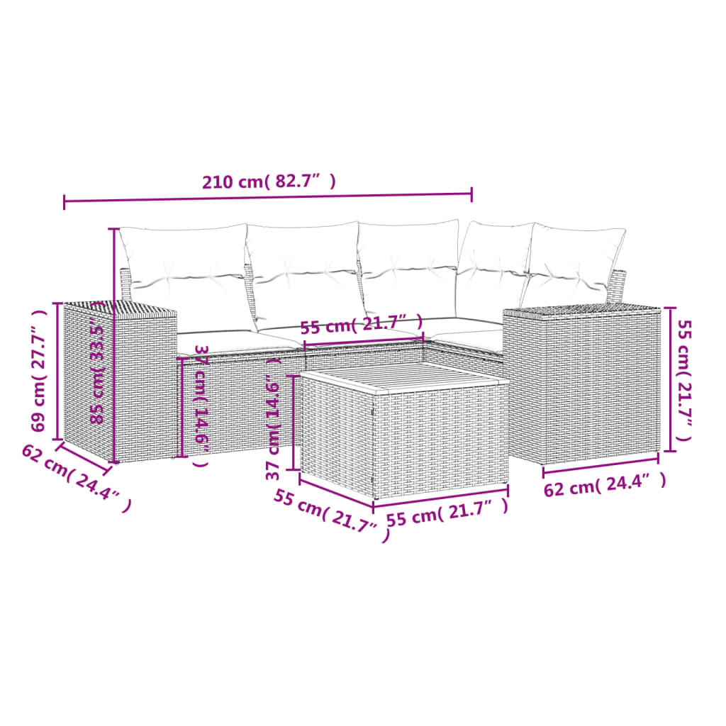 vidaXL Set de muebles de jardín 5 pzas y cojines ratán sintético negro