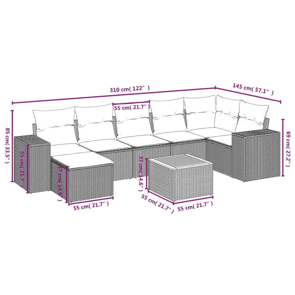 vidaXL Set de sofás de jardín 8 pzas y cojines ratán sintético gris