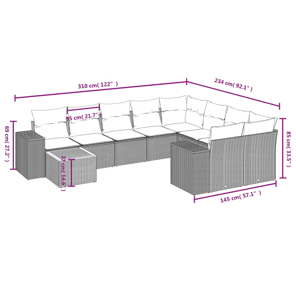 vidaXL Set de sofás de jardín 10 pzas cojines ratán sintético negro