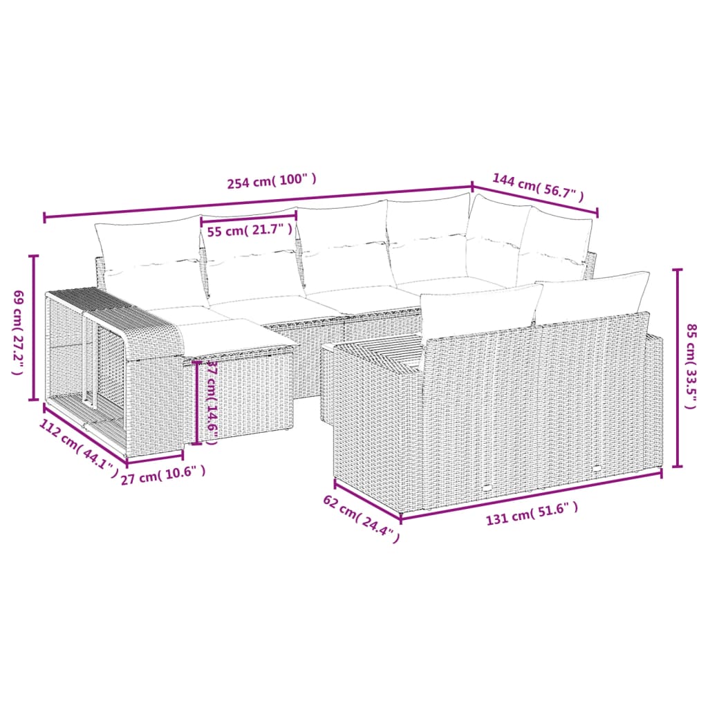 vidaXL Set de sofás de jardín 11pzas con cojines ratán sintético beige