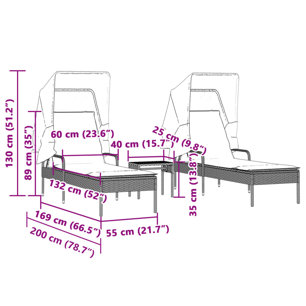 vidaXL Tumbonas con capota y mesa 2 uds ratán sintético beige