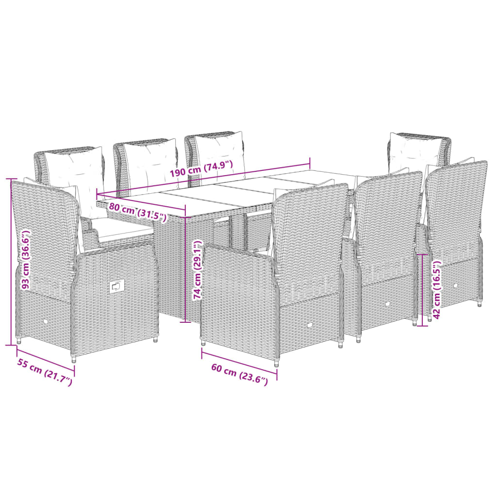 vidaXL Set comedor para jardín 9 pzas y cojines ratán sintético marrón