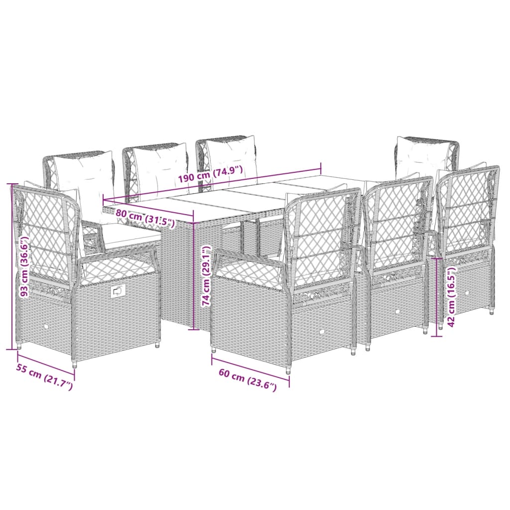 vidaXL Set comedor para jardín 9 pzas y cojines ratán sintético marrón