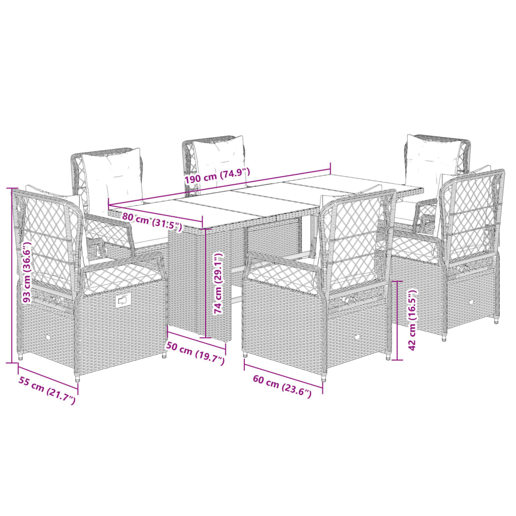 vidaXL Set comedor jardín 7 pzas y cojines ratán sintético gris claro