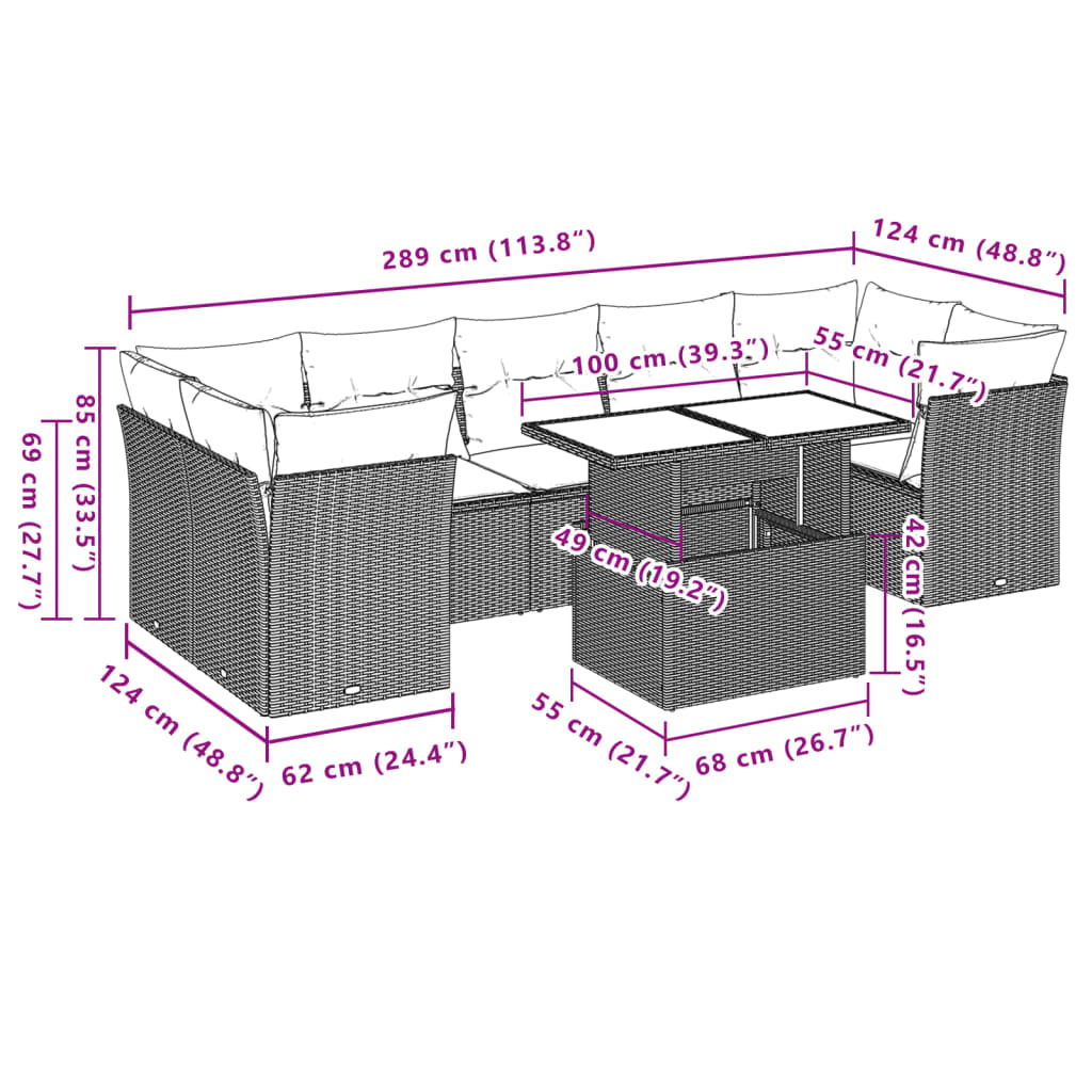 vidaXL Set de sofás de jardín 8 pzas y cojines ratán sintético gris