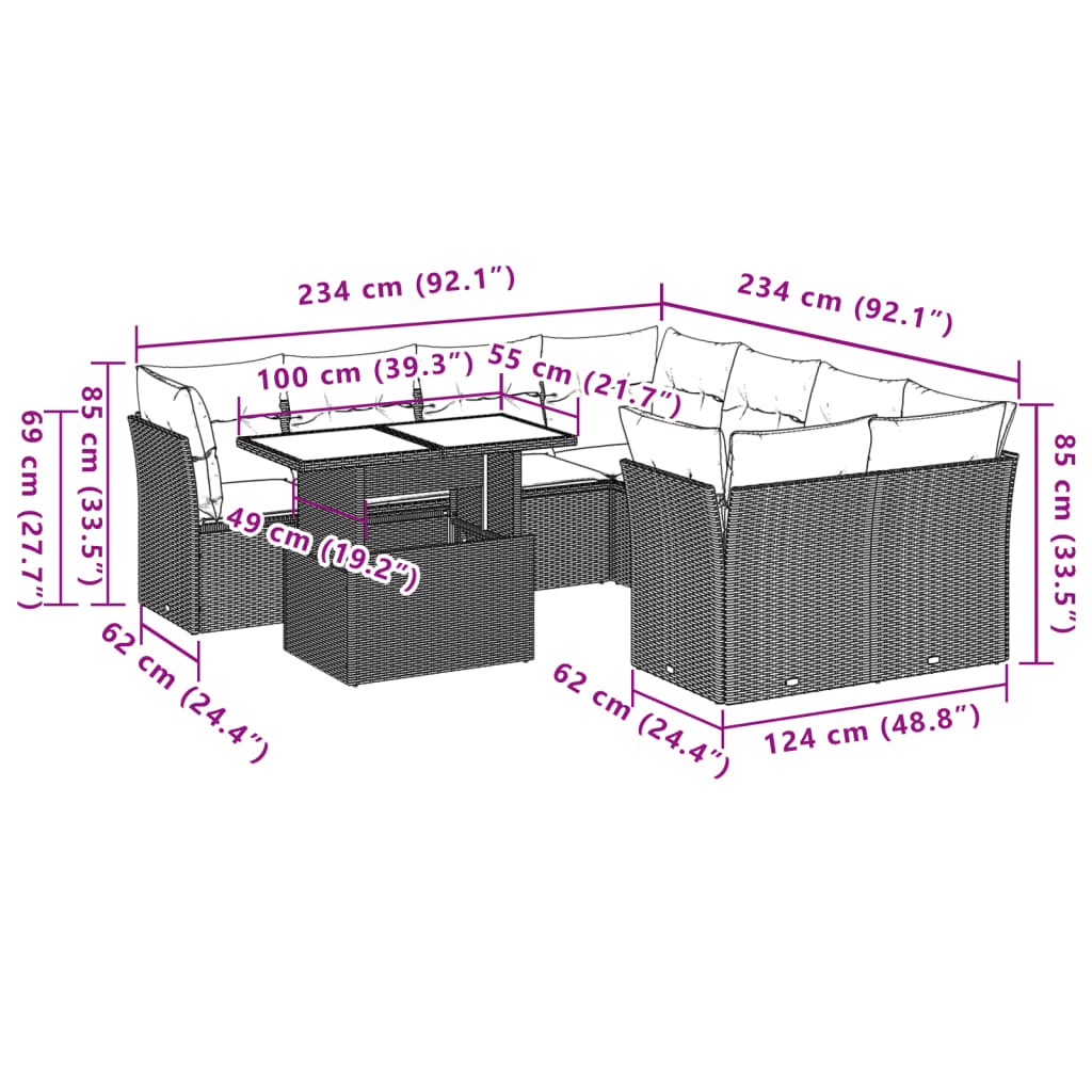 vidaXL Set muebles jardín 9 pzas y cojines ratán sintético gris claro