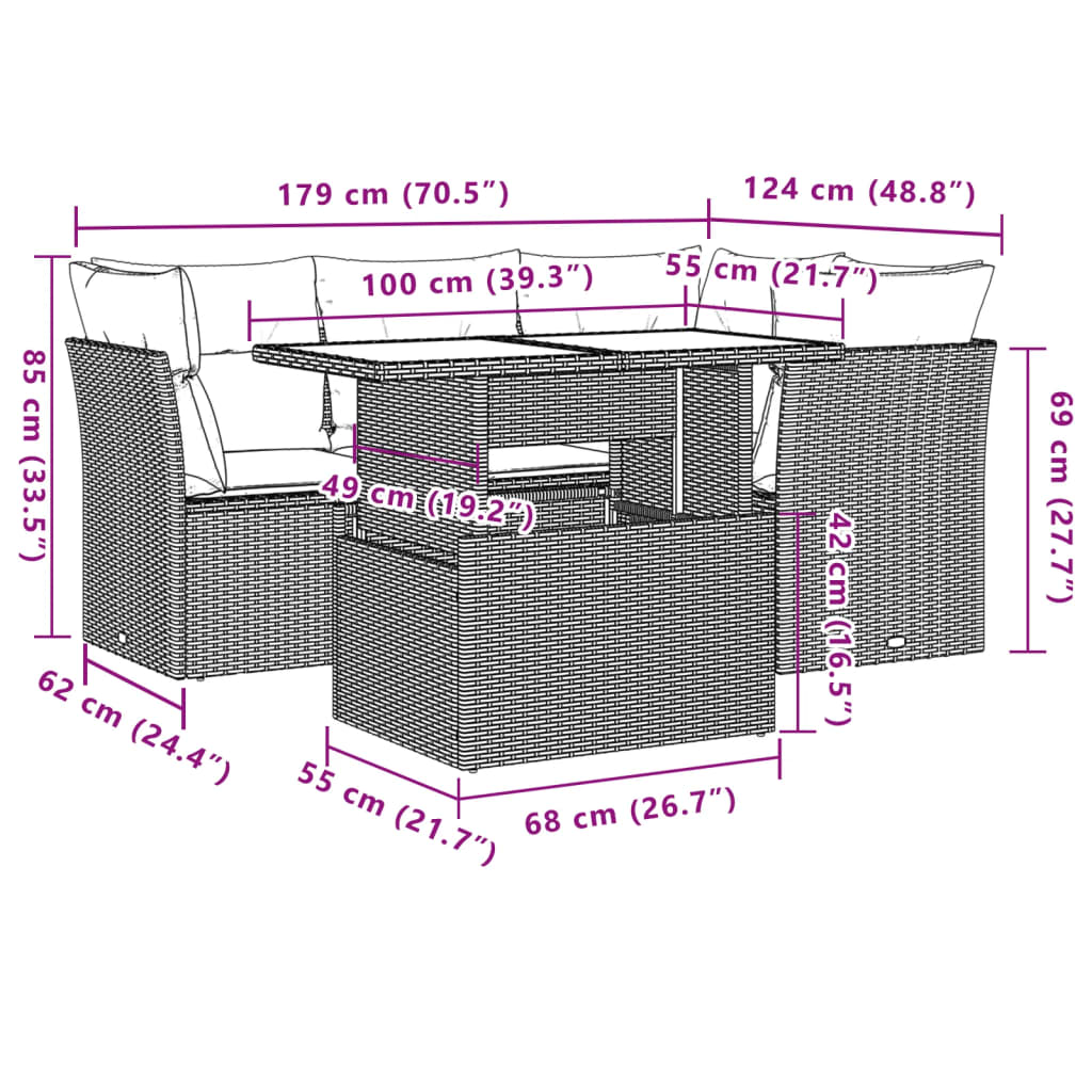 vidaXL Set comedor de jardín 5 piezas y cojines ratán sintético marrón