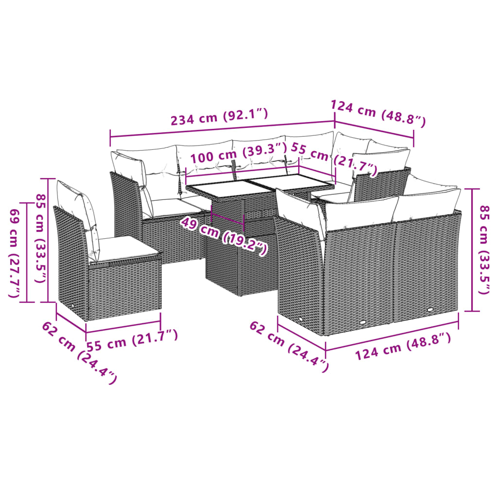 vidaXL Set muebles jardín 9 pzas y cojines ratán sintético gris claro