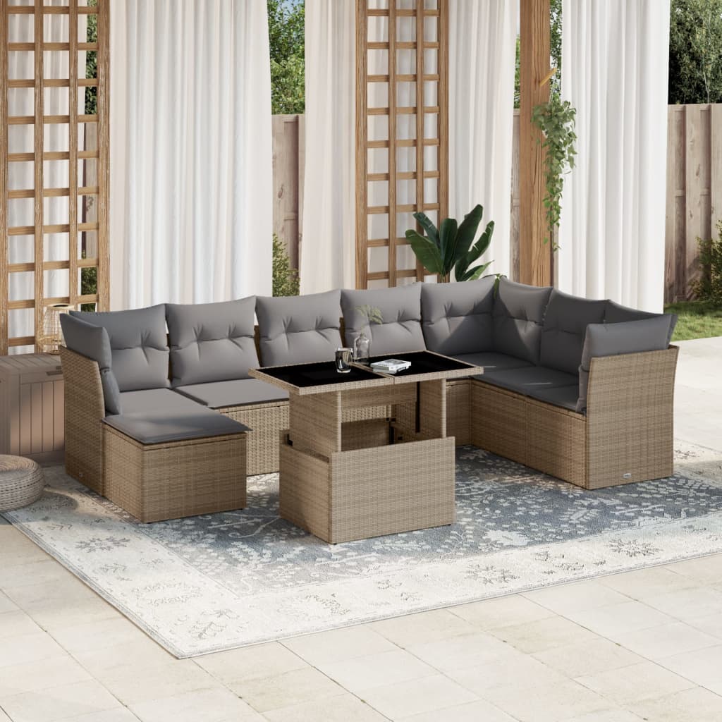 vidaXL Set de sofás de jardín 9 pzas con cojines ratán sintético beige