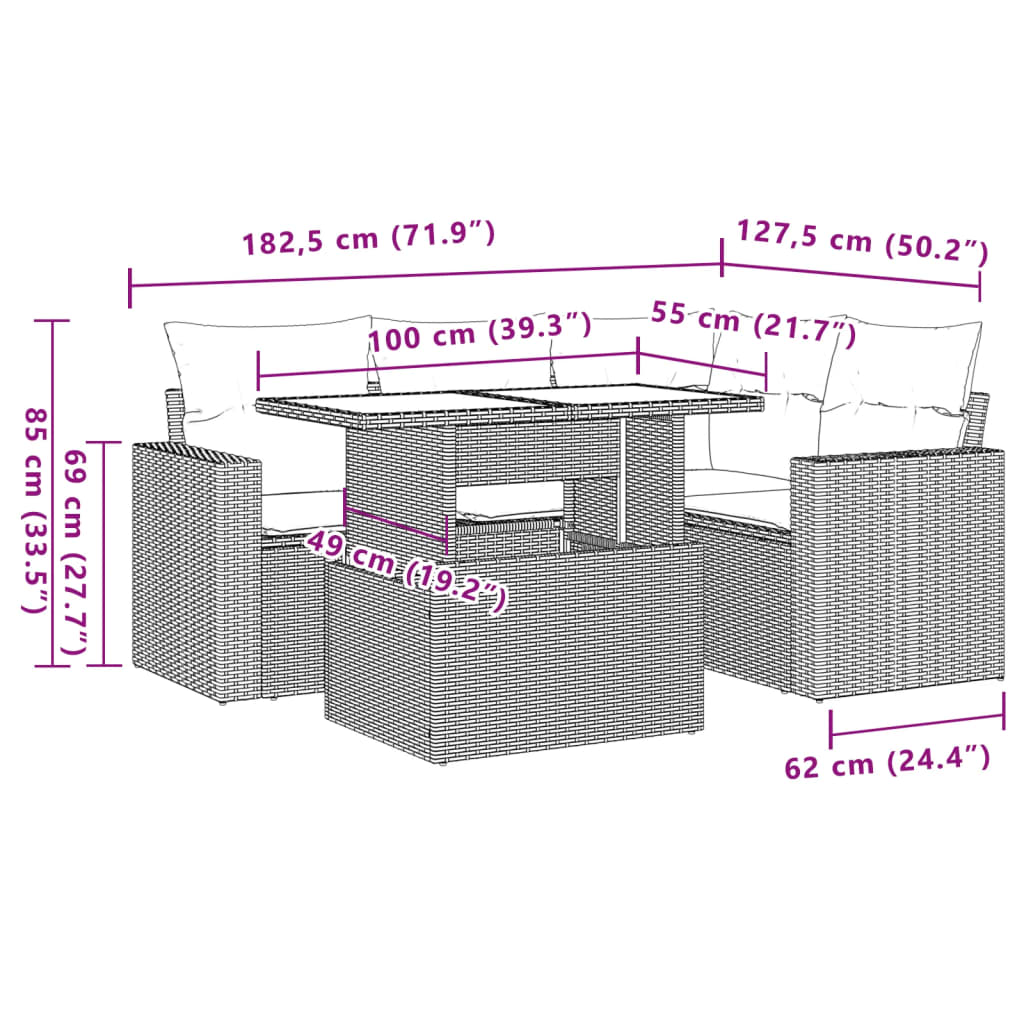 vidaXL Set comedor de jardín 5 piezas y cojines ratán sintético marrón