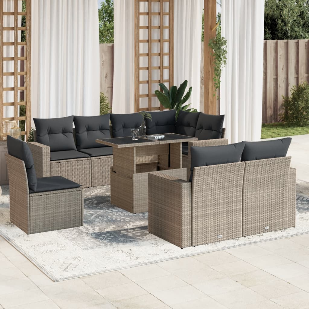 vidaXL Set muebles jardín 9 pzas y cojines ratán sintético gris claro