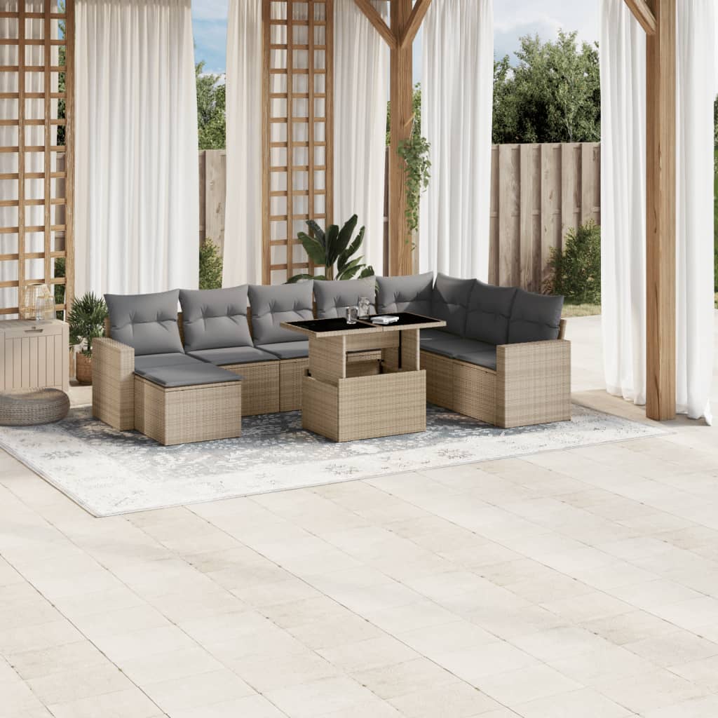 vidaXL Set de sofás de jardín 9 pzas con cojines ratán sintético beige