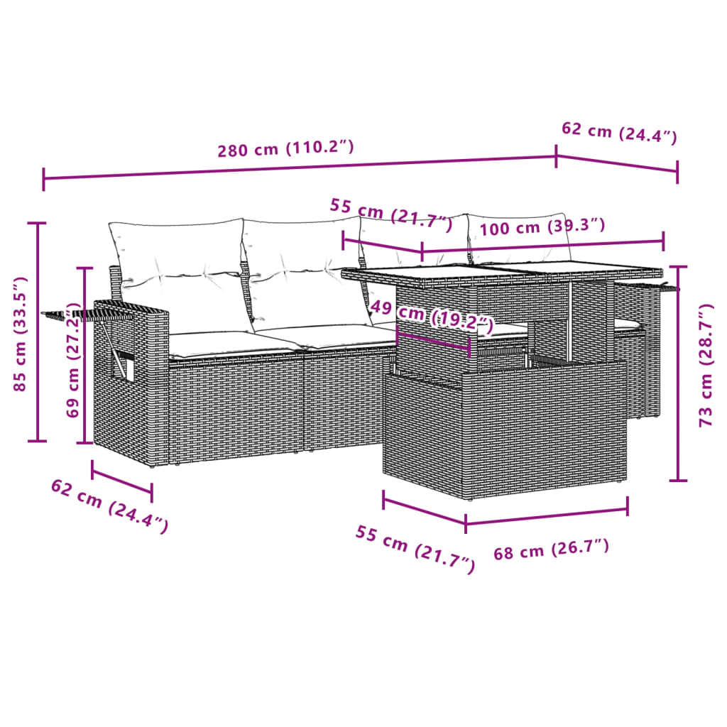 vidaXL Set comedor de jardín 5 piezas y cojines ratán sintético marrón