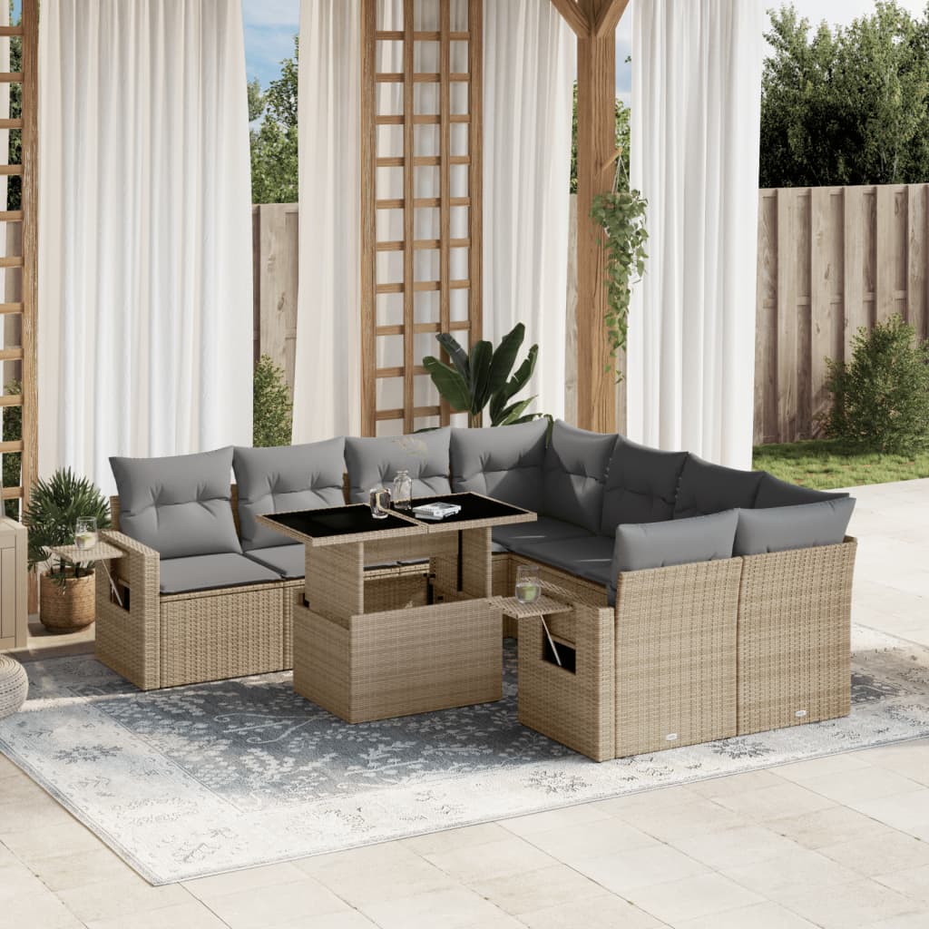 vidaXL Set de sofás de jardín 9 pzas con cojines ratán sintético beige