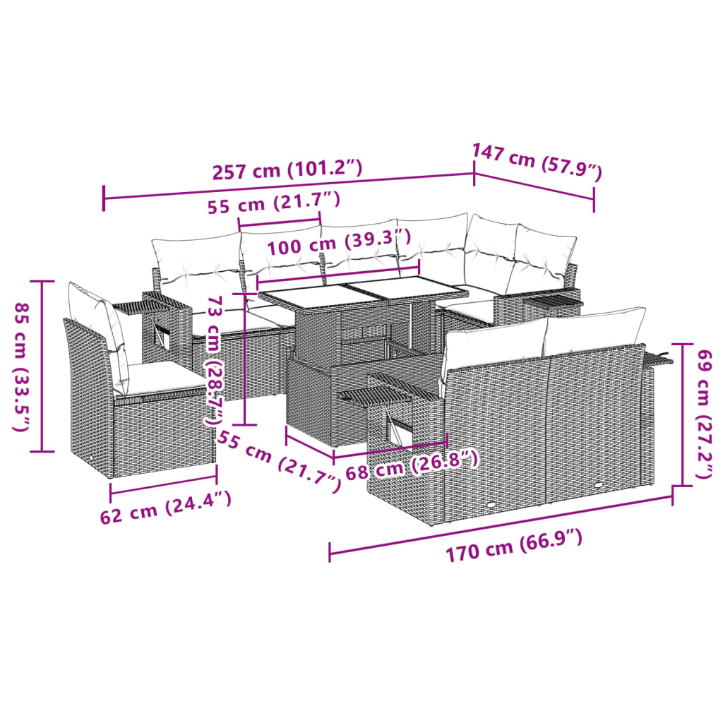 vidaXL Set muebles jardín 9 pzas y cojines ratán sintético gris claro