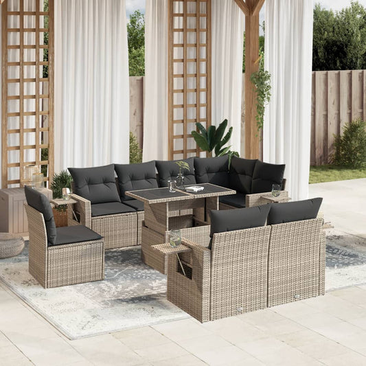 vidaXL Set muebles jardín 9 pzas y cojines ratán sintético gris claro