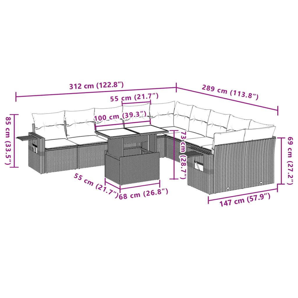 vidaXL Set de sofás de jardín 11pzas con cojines ratán sintético beige