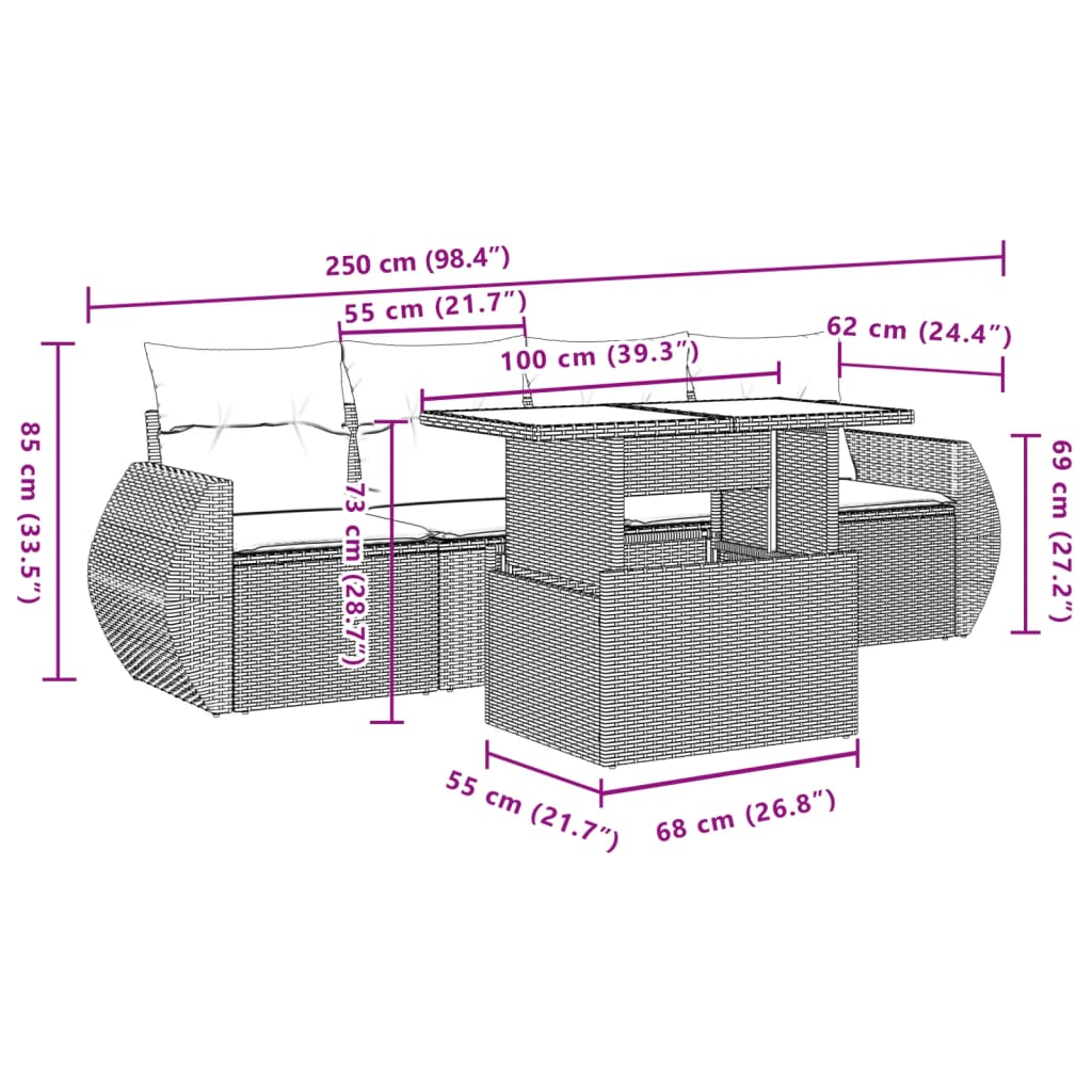 vidaXL Set de muebles de jardín 5 pzas y cojines ratán sintético negro