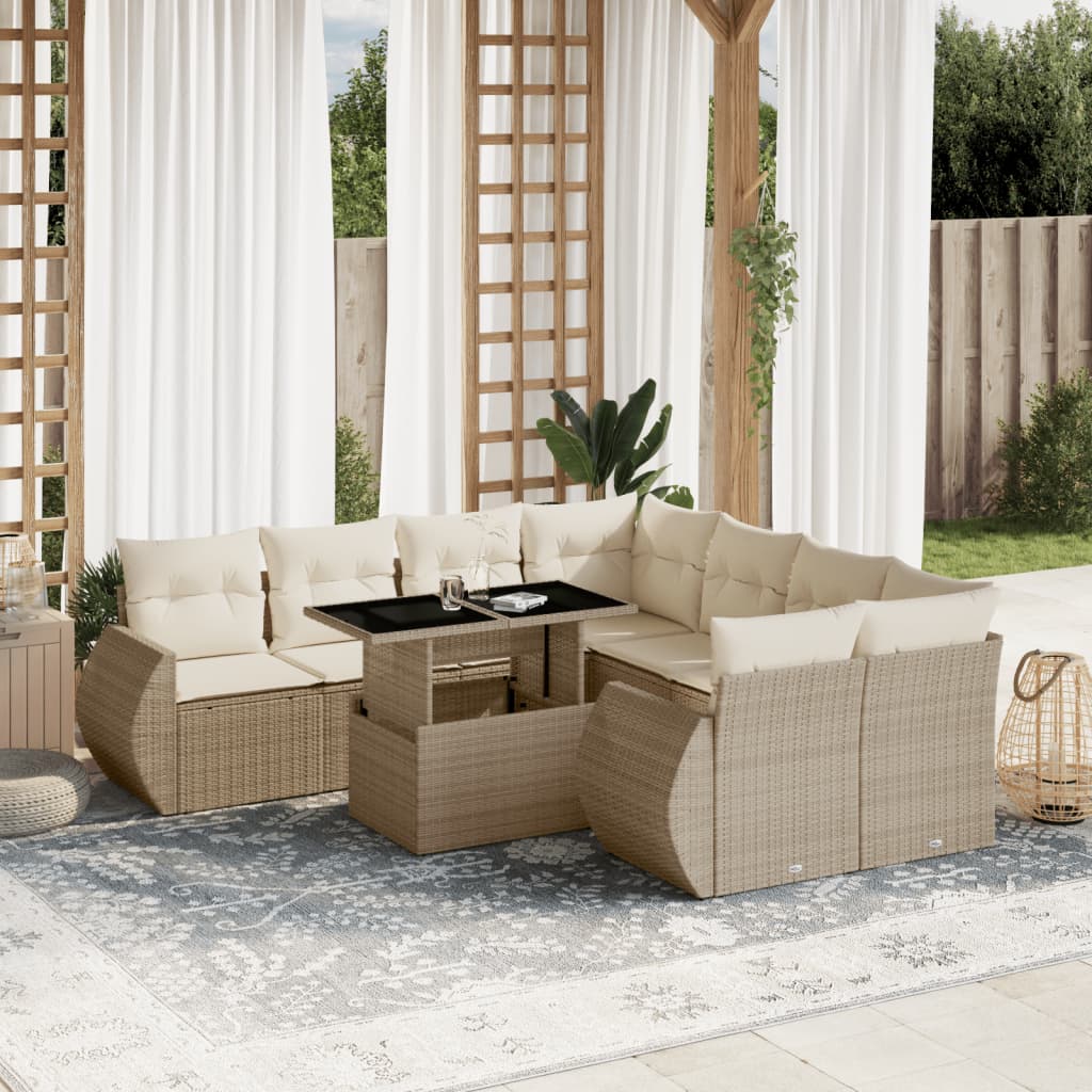 vidaXL Set de sofás de jardín 9 pzas con cojines ratán sintético beige