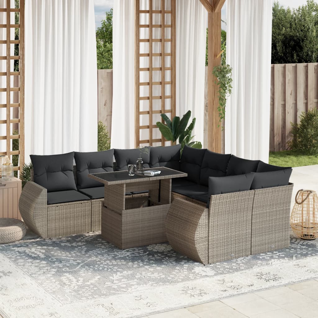 vidaXL Set muebles jardín 9 pzas y cojines ratán sintético gris claro