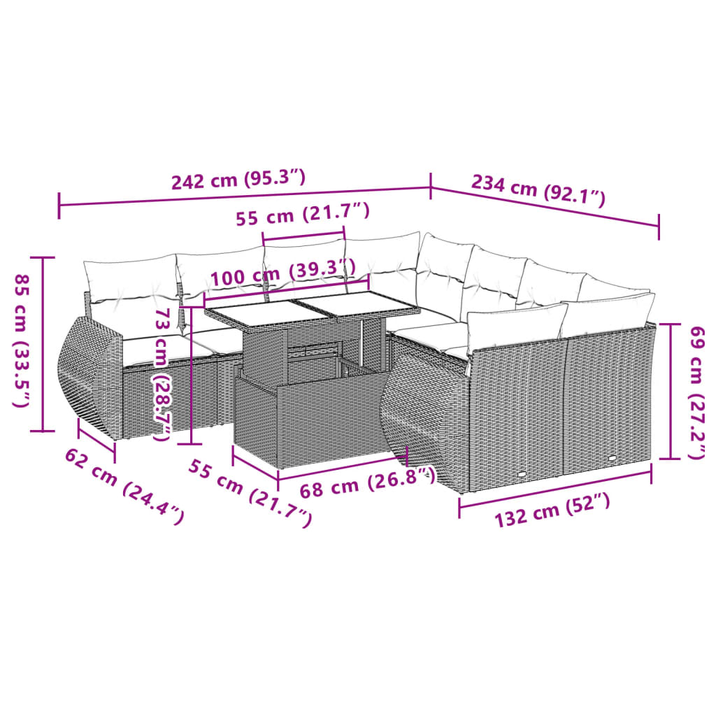 vidaXL Set de sofás de jardín 9 pzas y cojines ratán sintético marrón