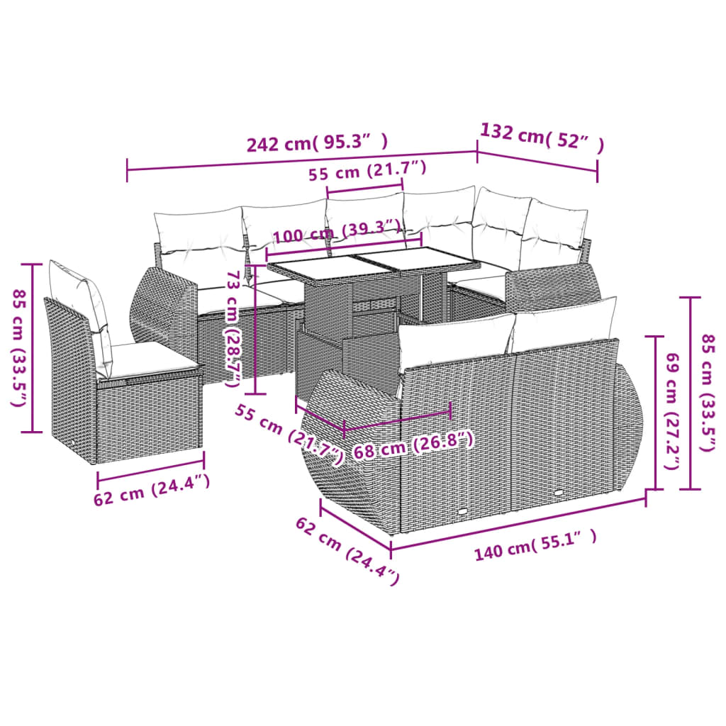 vidaXL Set de sofás de jardín 9 pzas y cojines ratán sintético marrón