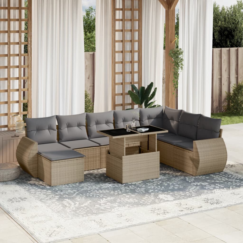 vidaXL Set de sofás de jardín 9 pzas con cojines ratán sintético beige