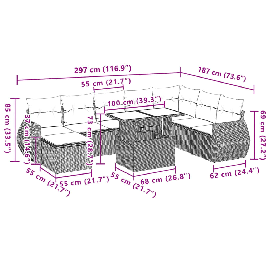 vidaXL Set muebles jardín 9 pzas y cojines ratán sintético gris claro