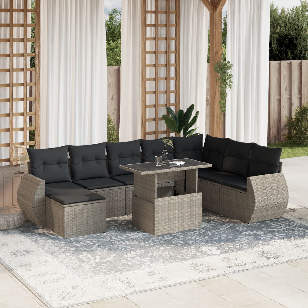 vidaXL Set muebles jardín 9 pzas y cojines ratán sintético gris claro