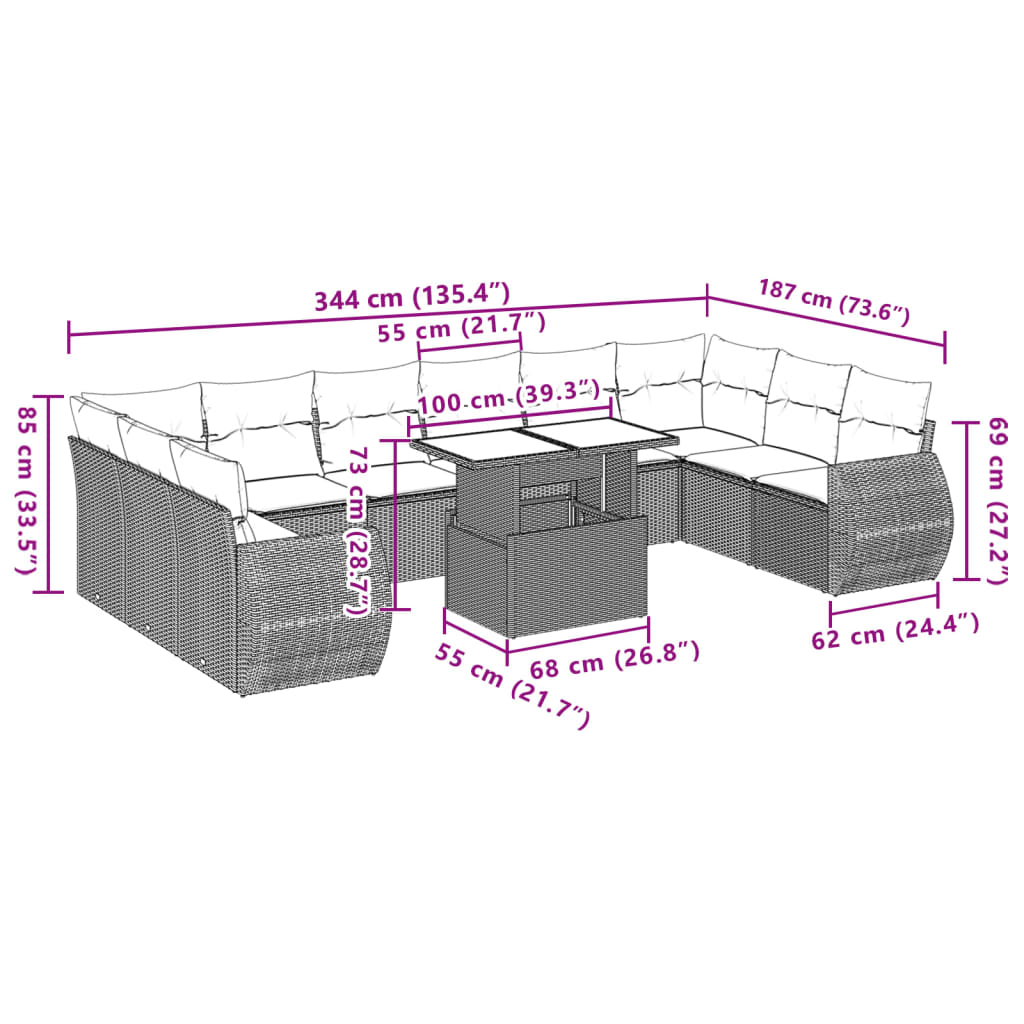 vidaXL Set de sofás de jardín 11 pzas y cojines ratán sintético negro