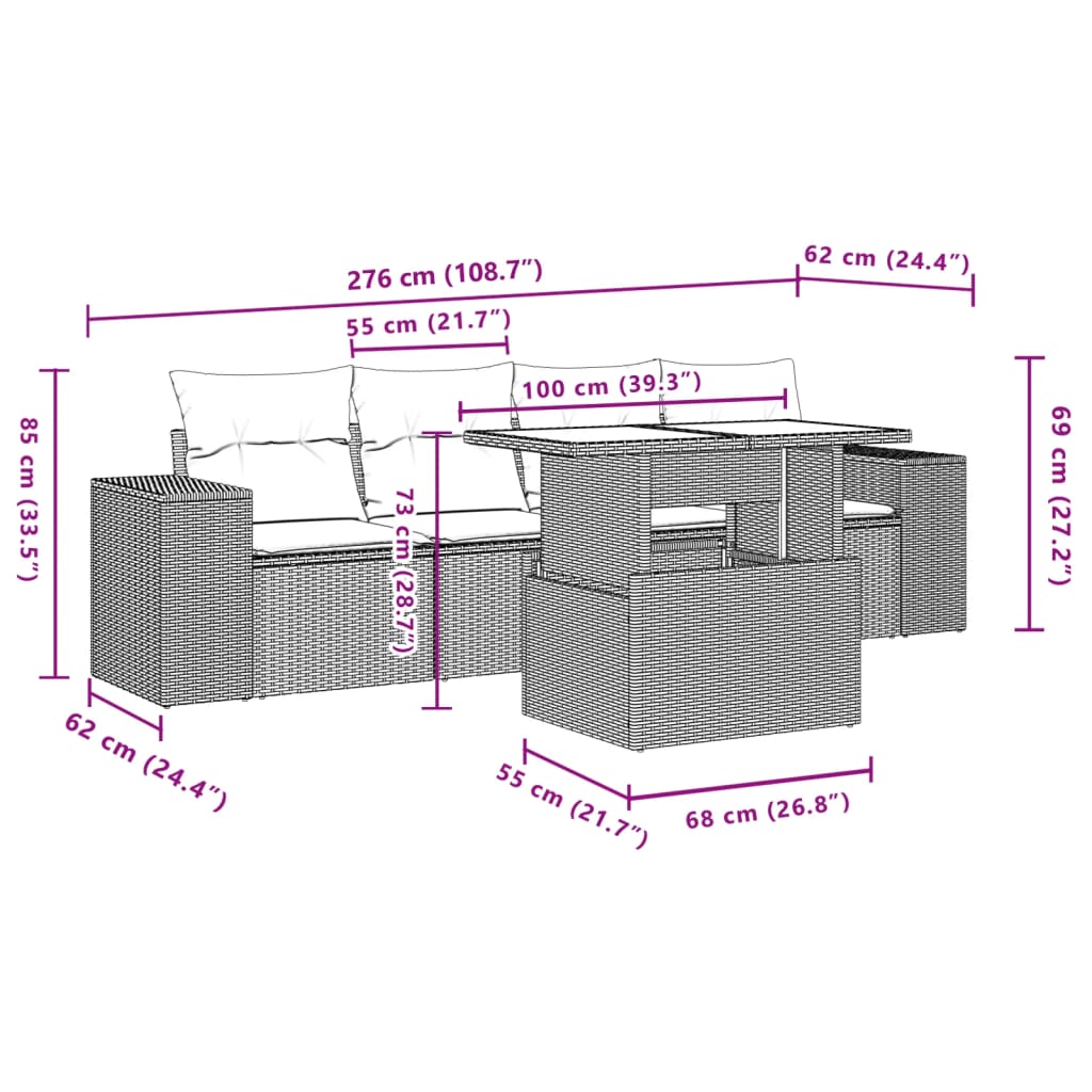 vidaXL Set comedor de jardín 5 piezas y cojines ratán sintético marrón